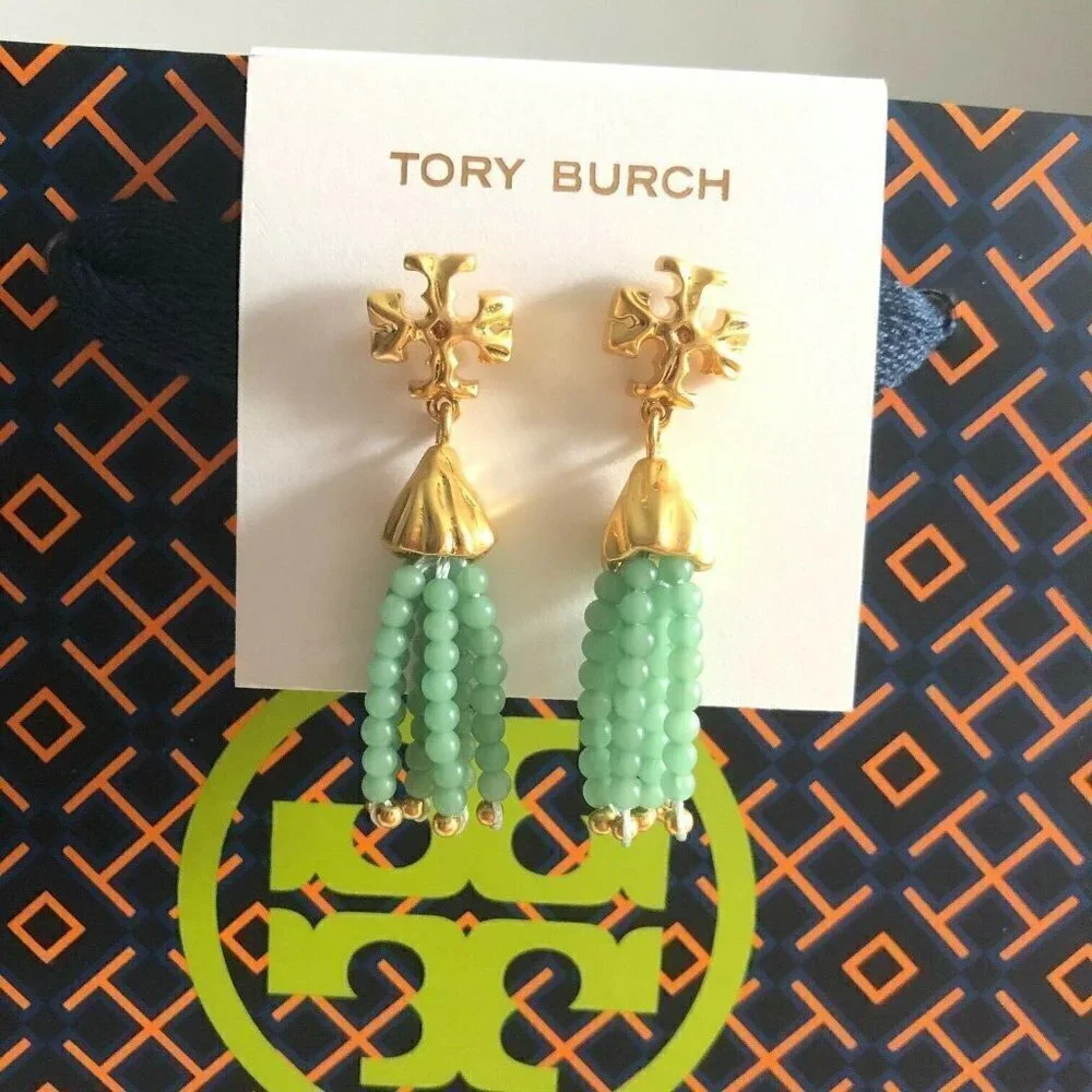 Tory Burch Roxanne Tassel Drop Earrings Mint Green Beaded Gold Tone Statement